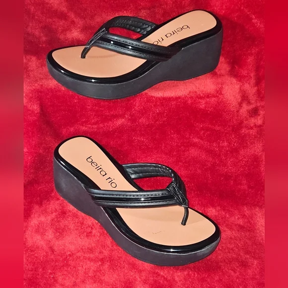 Beira Rio Black Platform Wedge Thong Women's Sandals Made In Brazil - Size 7 - Picture 3 of 7